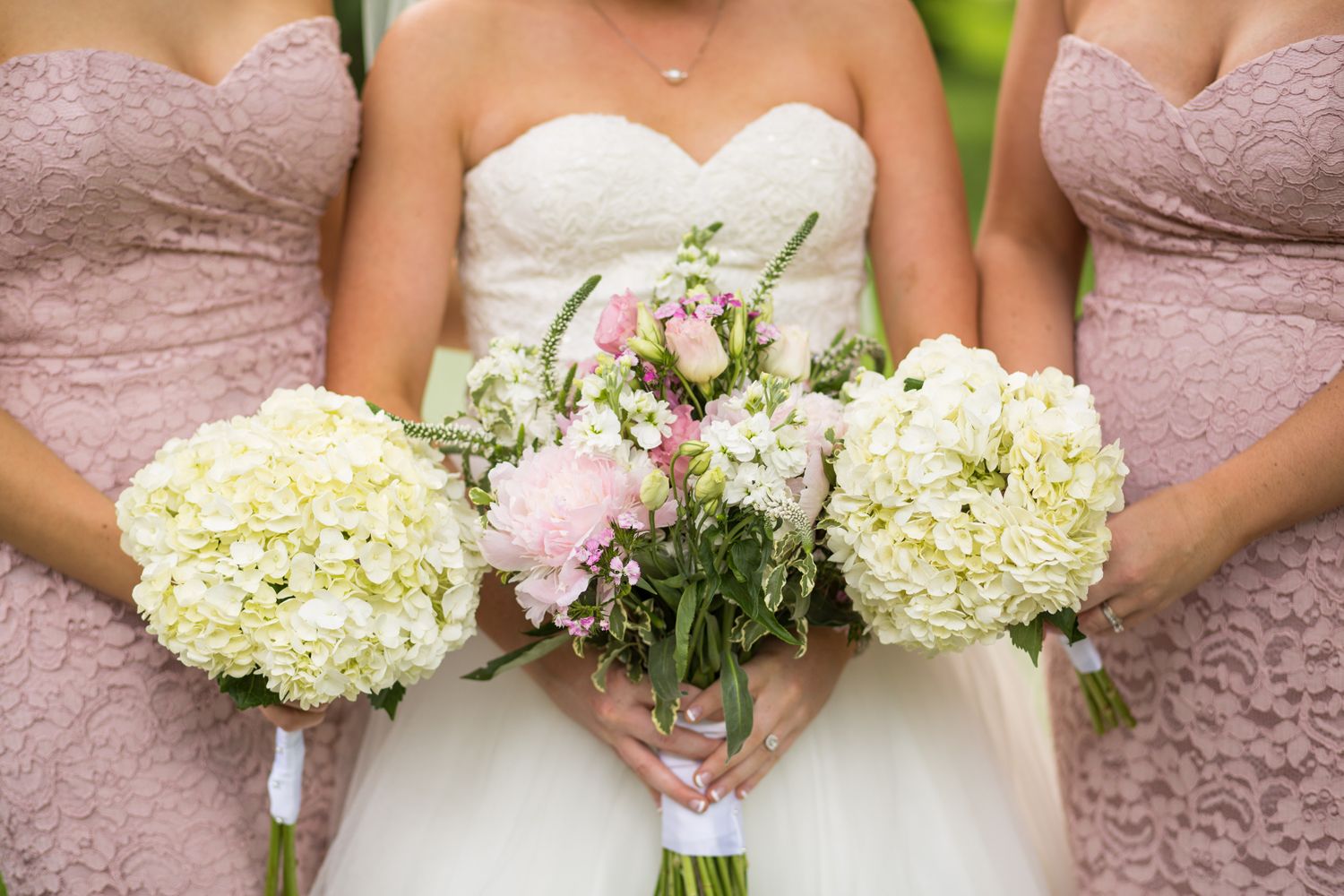 Bride and Bridesmaids pink and white floral bouquets